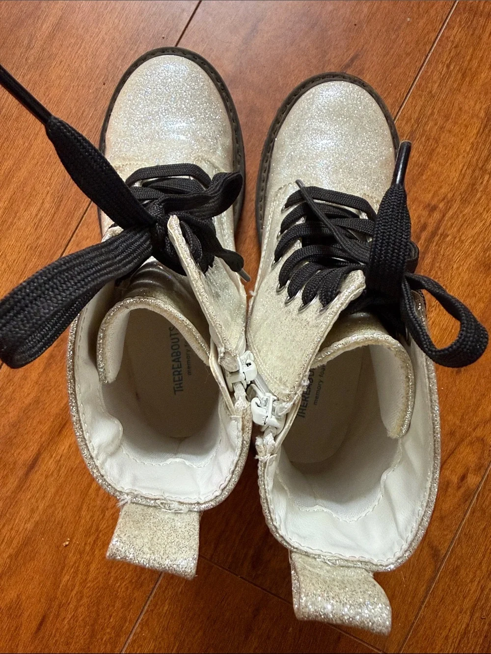 Kids Glitter Combat Boots - Cream with Black Laces